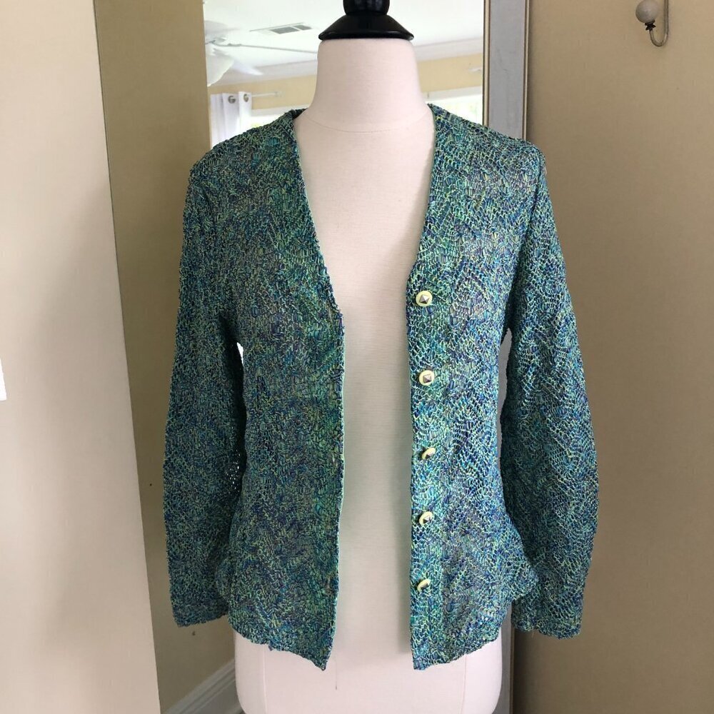 Vintage 90s Gantos Blue Open Knit Cardigan Sweater Medium Artsy Boho - Picture 4 of 14